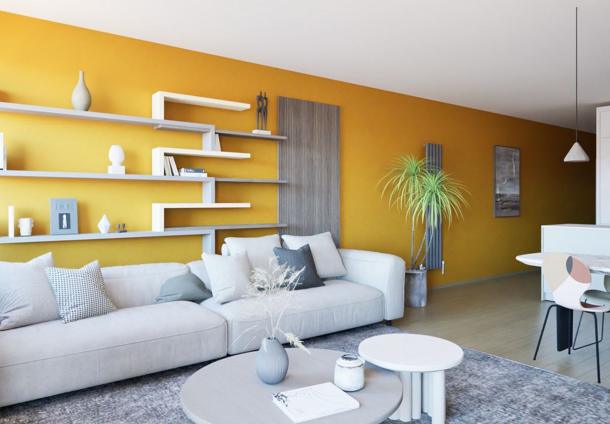 Soggiorno del Flat 2 con parete gialla di design, CdP3