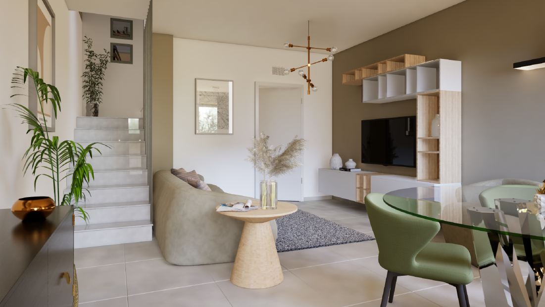 Zona living con scala interna, villa Dorno 6