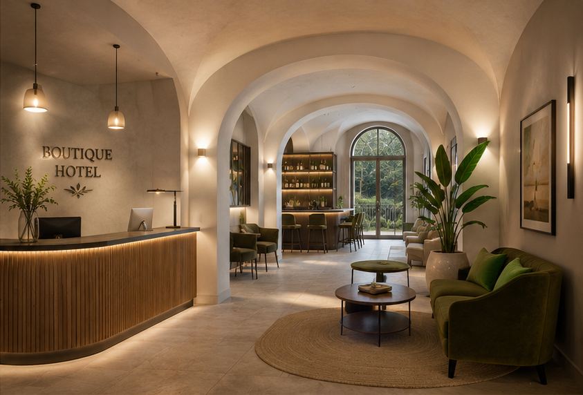 Render della lobby del possibile boutique hotel nel rustico di Gavardo Sopraponte