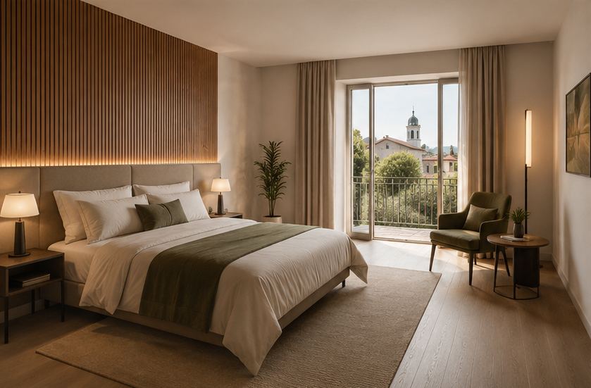Render di una camera del boutique hotel con vista sul campanile di Gavardo